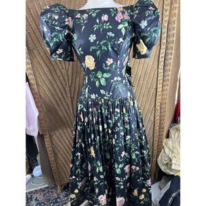 Vintage Puff Sleeve Dress Floral Black Sz 4 Maxi Cottage Retro